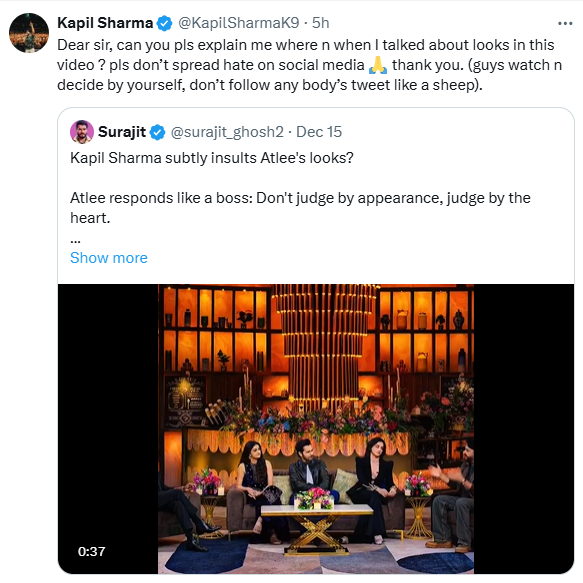 Kapil Sharma Atlee Controversy skin color statement video the great indian kapil show