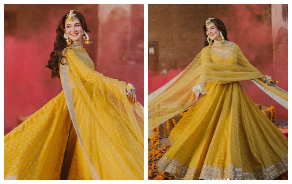 Hania Aamir in yellow anarkali suit