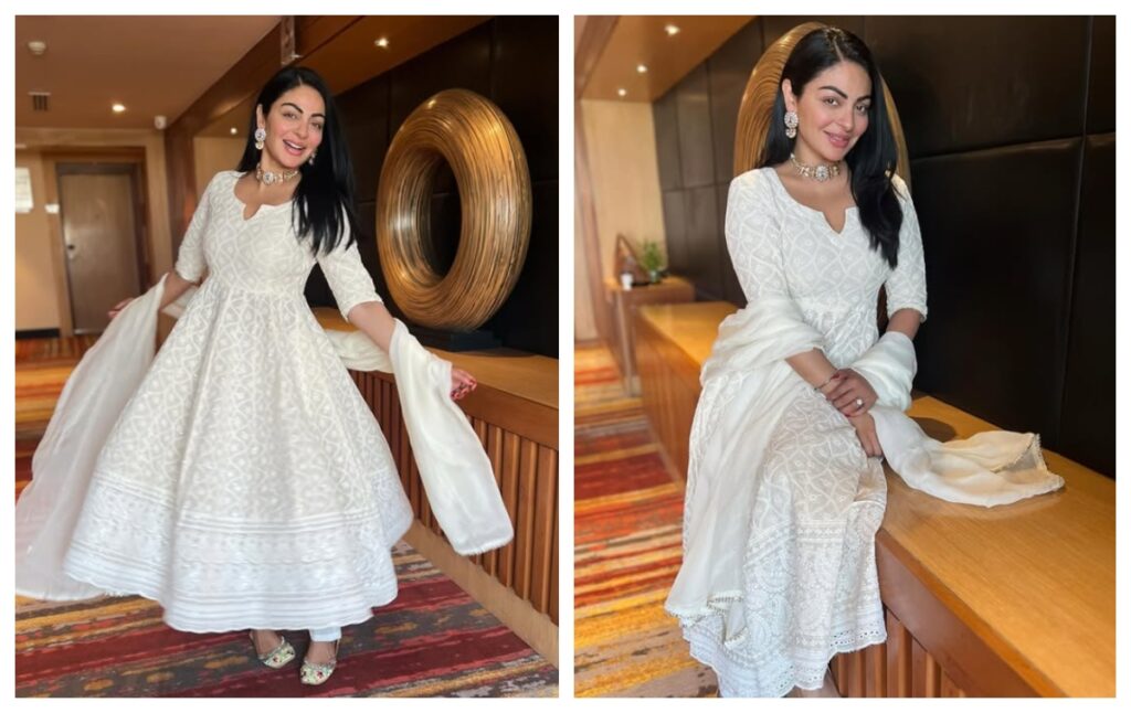 Neeru Bajwa in white anarkali suit
