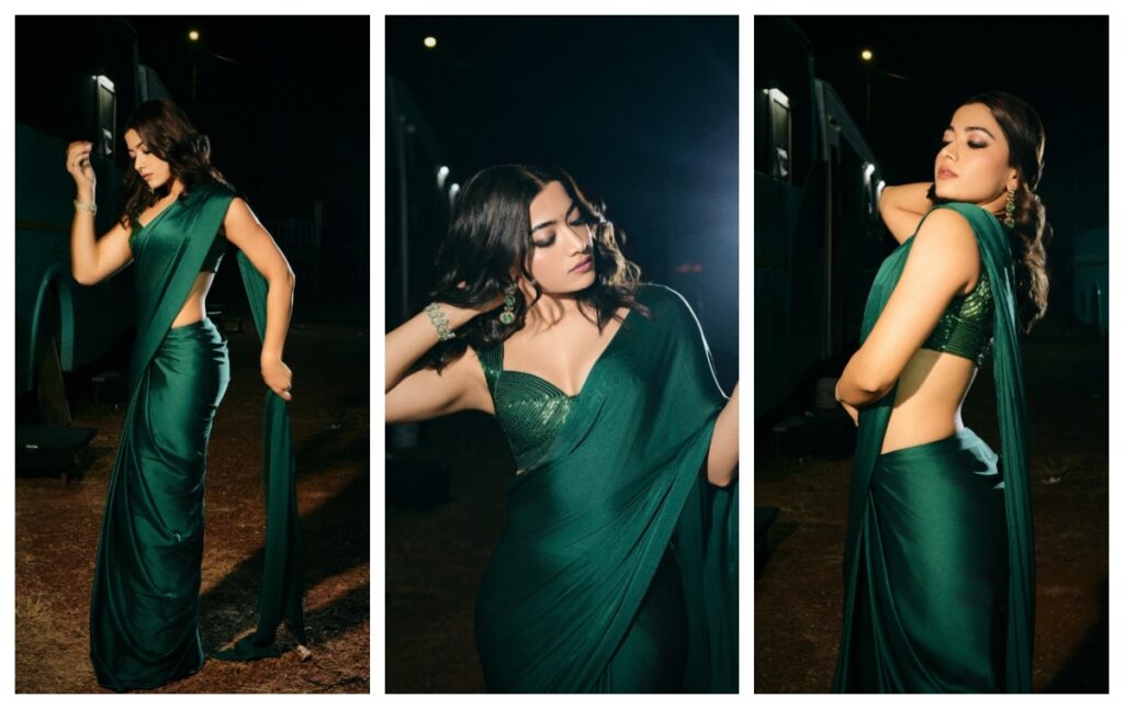 Rashmika Mandanna in green chiffon saree