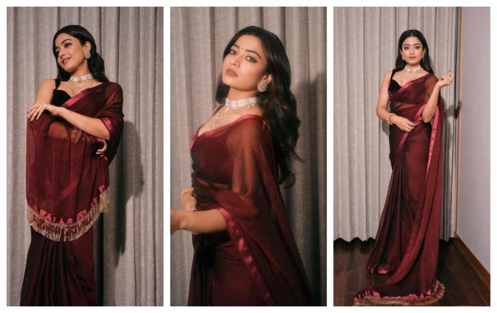 Rashmika Mandanna in maroon saree