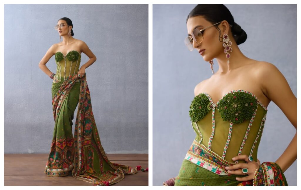 Green saree with corset blouse