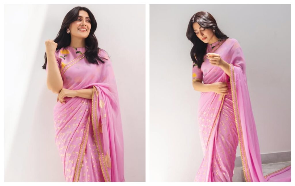Pink saree with turtle neck blouse