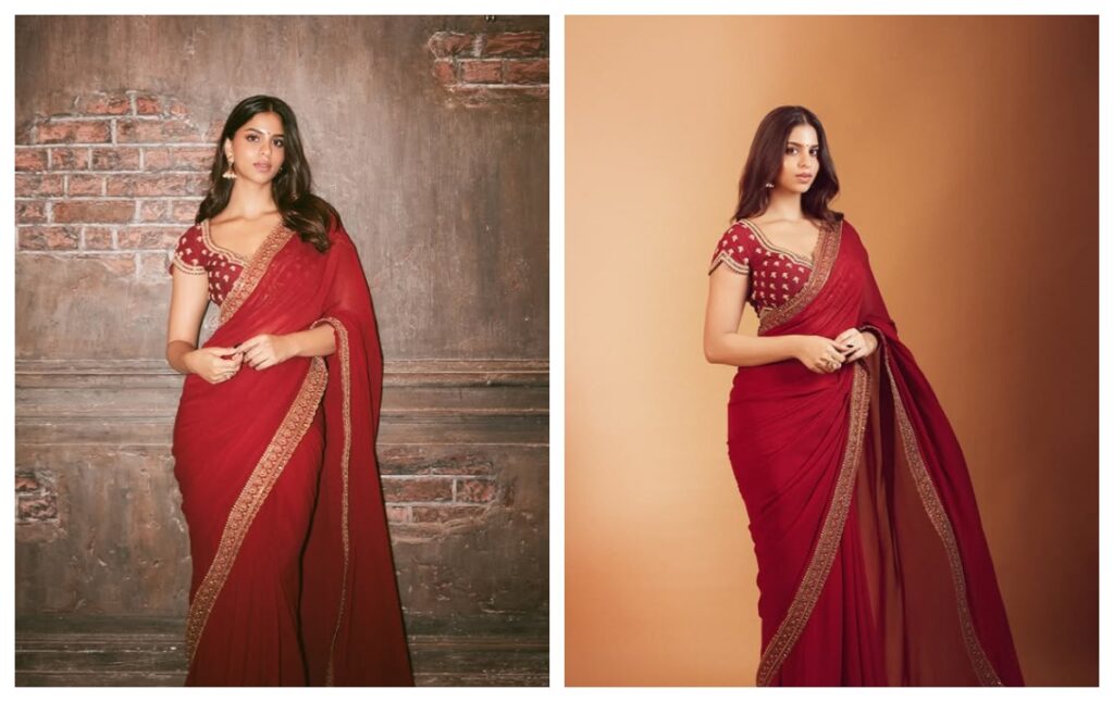 Red saree with deep neck blouse