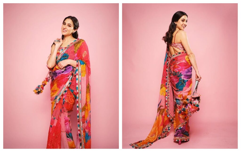 Printed saree with colour blouse