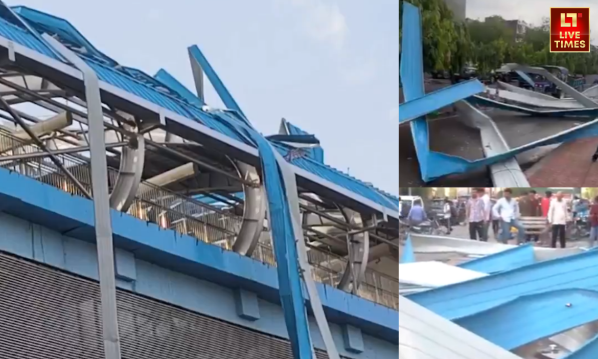 दिल्ली में आई तेज बारिश और आंधी के बाद अशोक नगर रैपिड रेल मेट्रो स्टेशन के शेड्स को भारी नुकसान पहुंचा है.