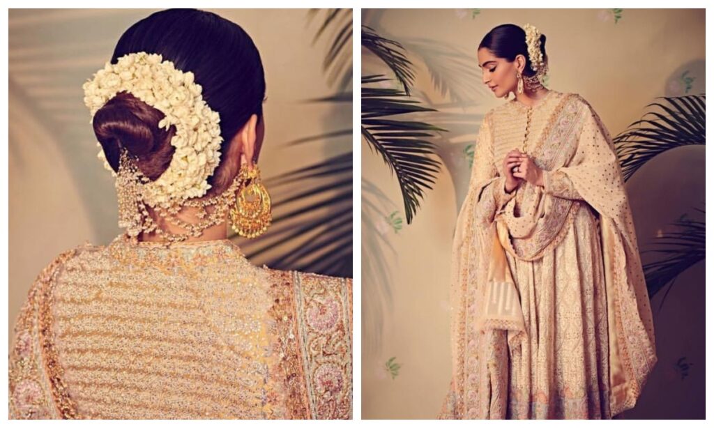 Sleek bun hairstyle for Anarkali lehenga