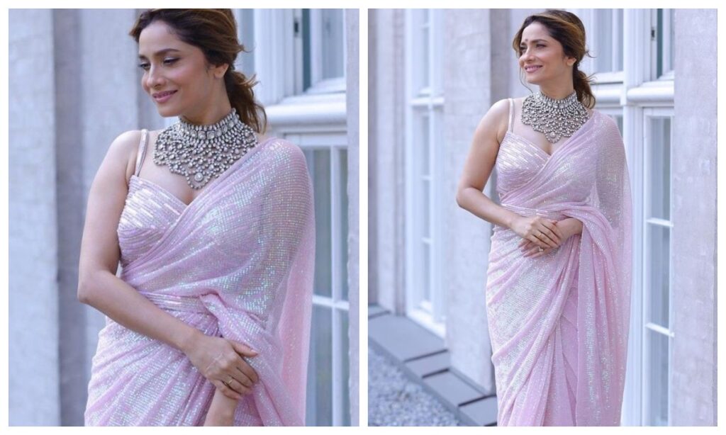 Ankita Lokhande in shimmery georgette saree