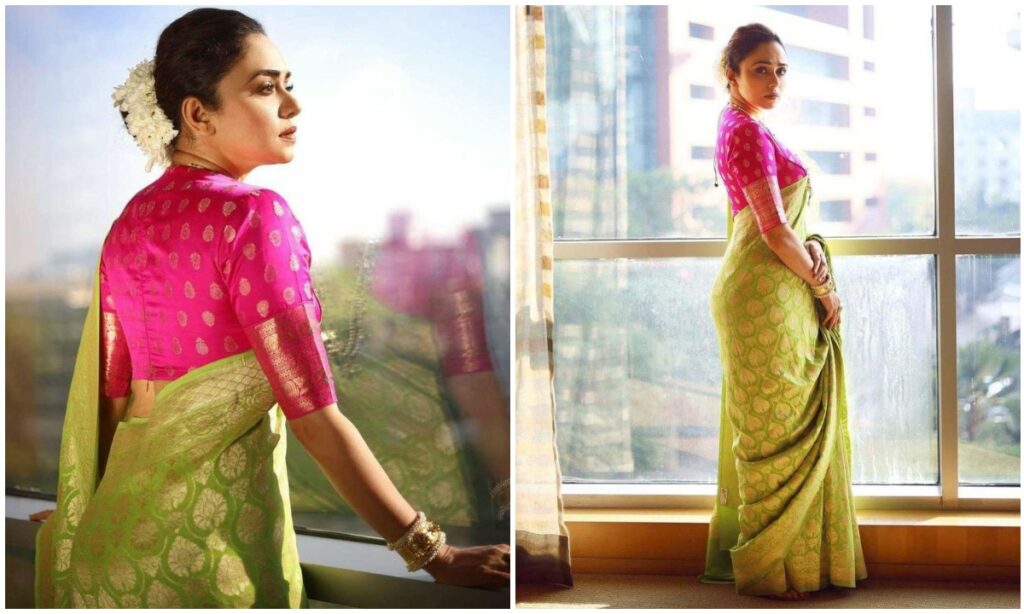 Green saree with pink color blouse