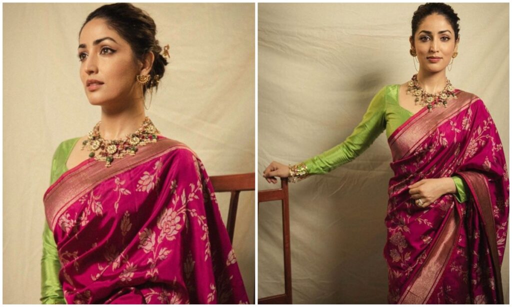 Pink color saree with green blouse