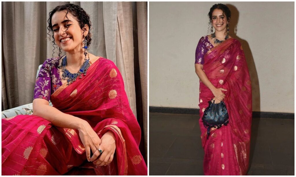 Pink color saree with purple blouse