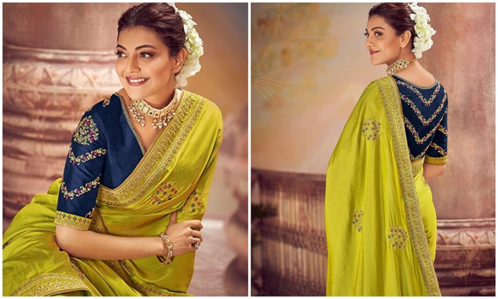 Green color saree with Navy blue blouse