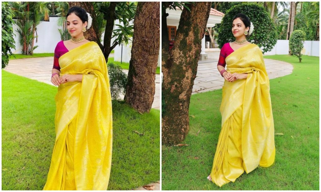 Yellow saree with pink blouse
