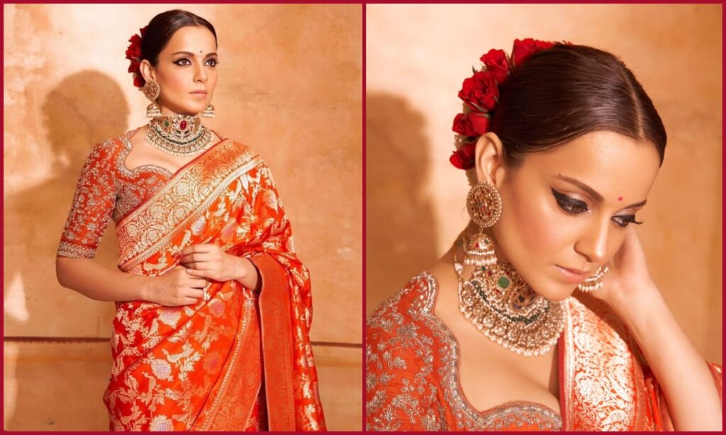 Kangana Ranaut in a silk saree with tassels, paired with Meenakari earrings