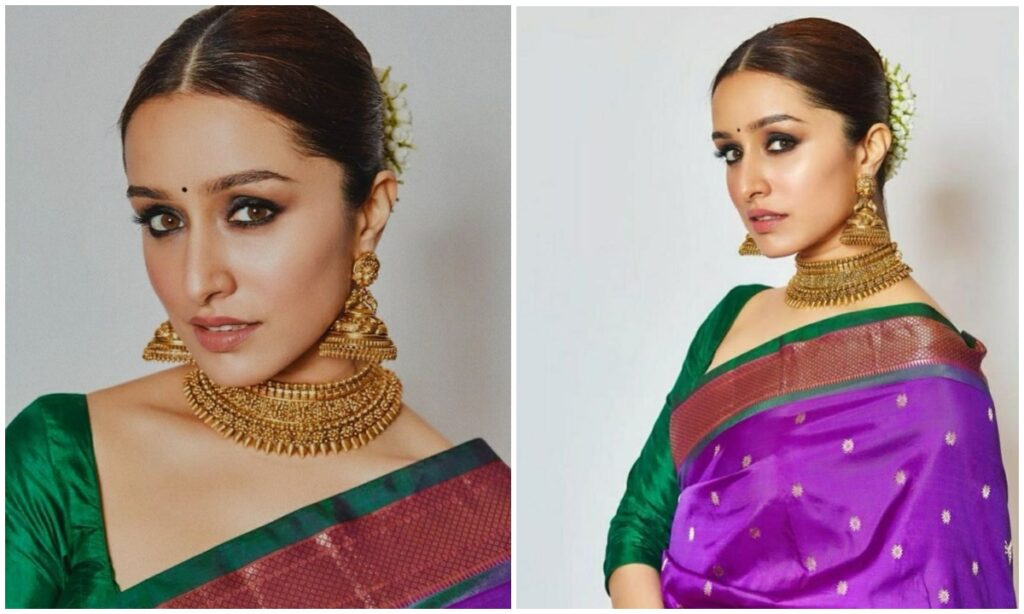 Pairing heavy temple earrings with a silk saree