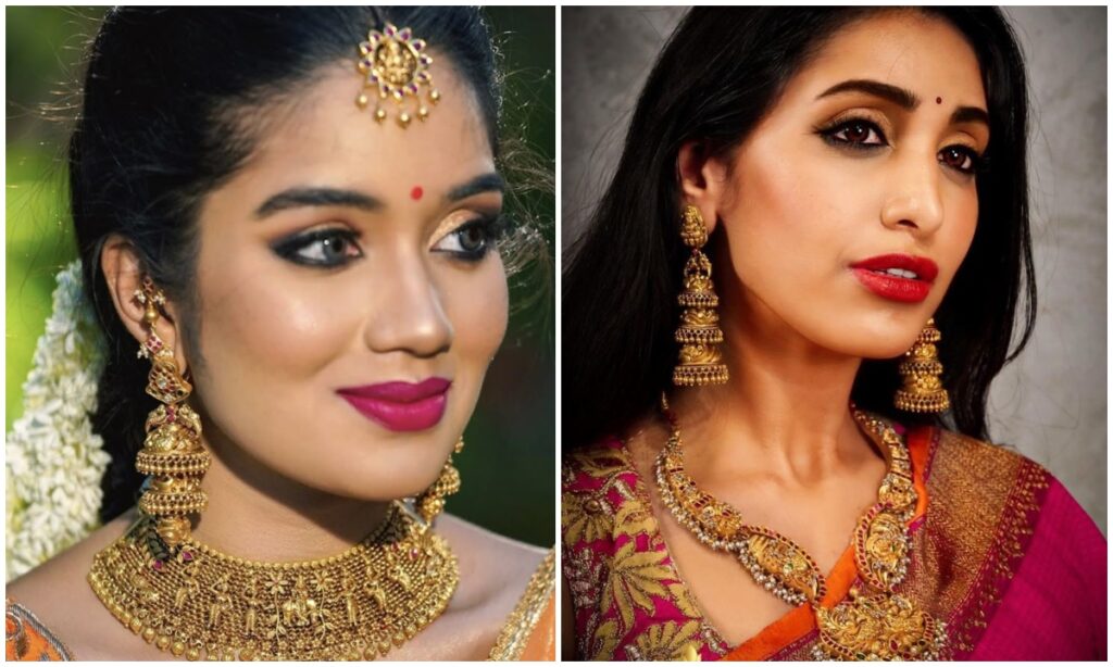 Pairing three-layer jhumkis with a silk or Banarasi saree