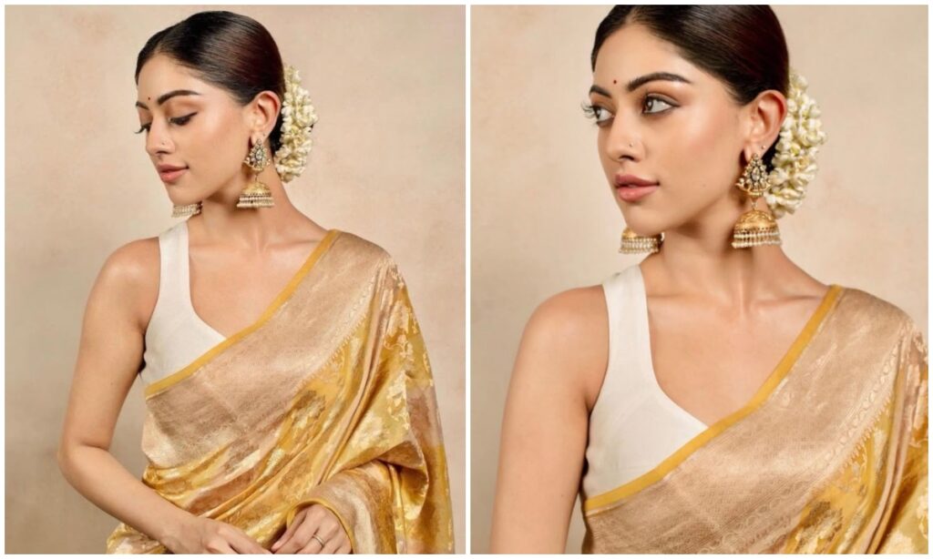 Wearing gold and diamond jewelry with a traditional saree