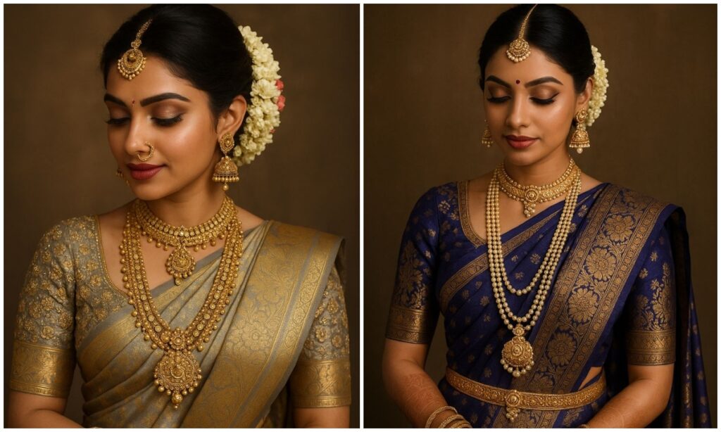 Traditional jhumka design paired with a heavy saree
