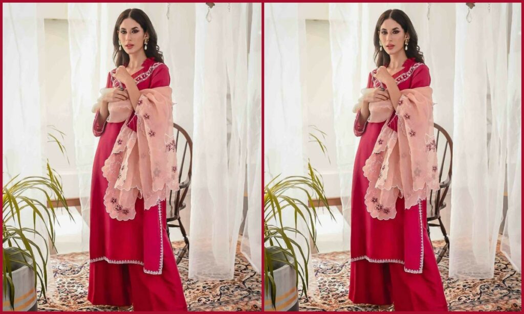 Red kurta with pink dupatta