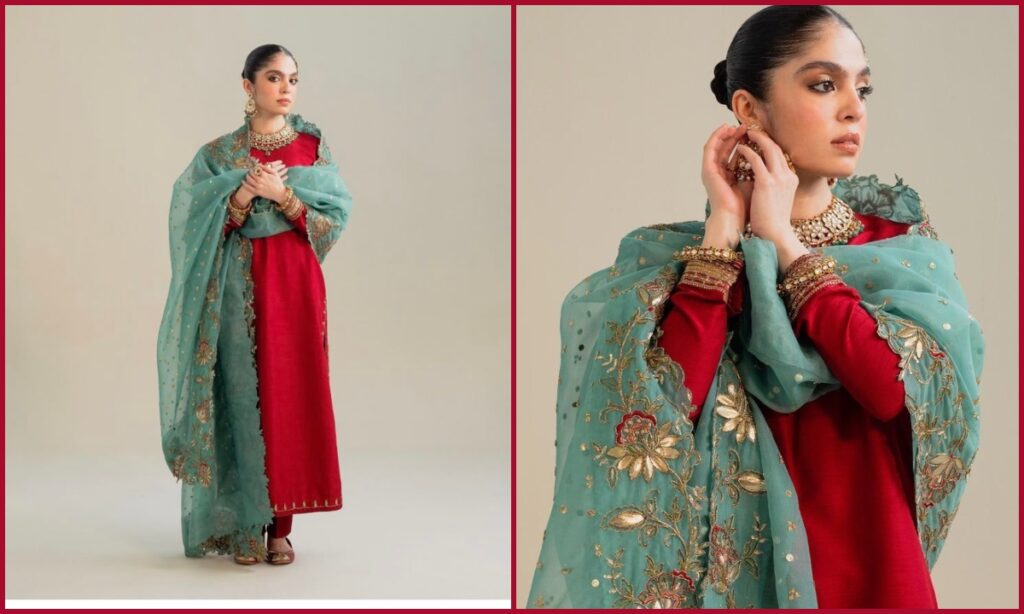 Red kurta with green dupatta