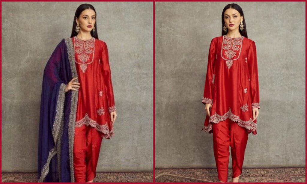 Red kurta with purple dupatta