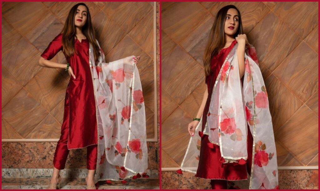 Red kurta with white dupatta