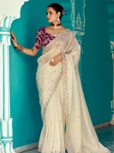 White Saree With Contrast Blouse