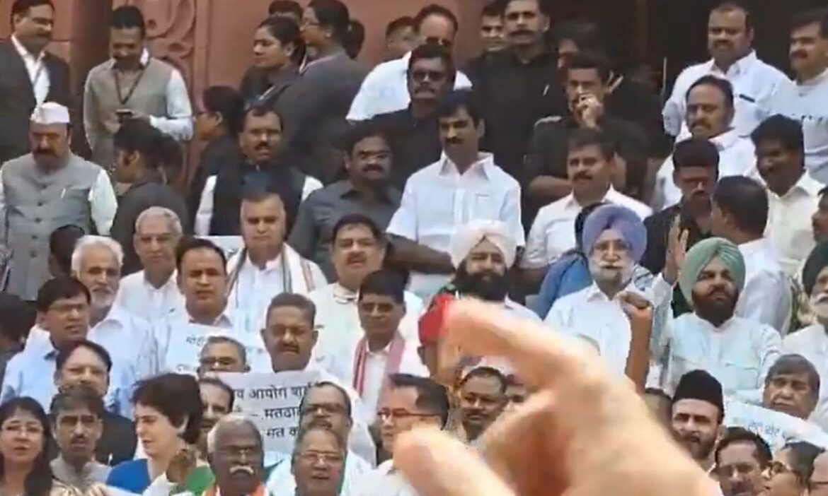 INDIA bloc MPs protest Parliament complex against SIR Bihar