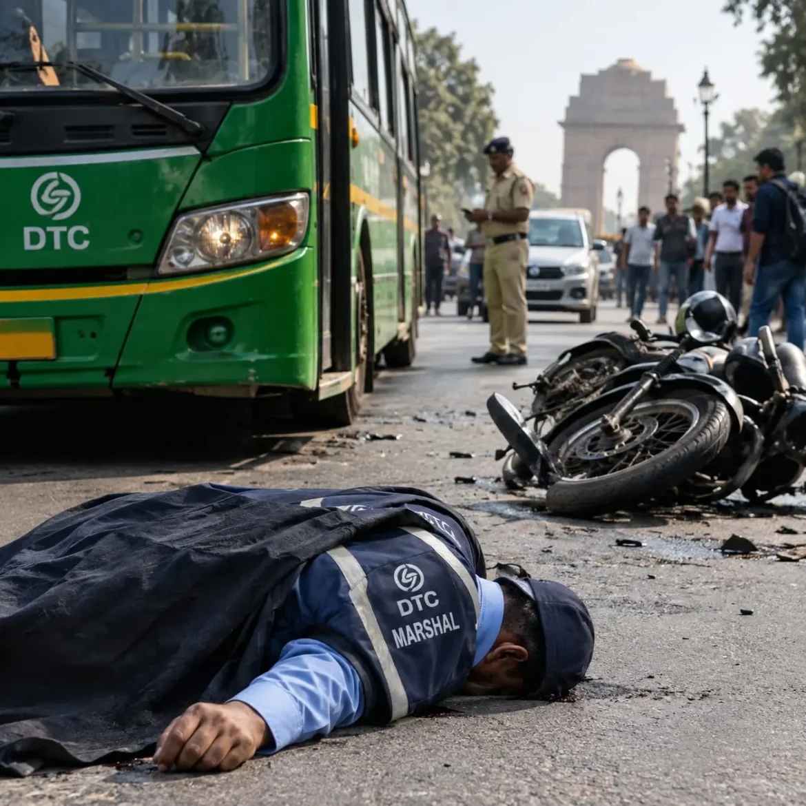 Delhi DTC bus marshal killed motorcycle hits crossing road
